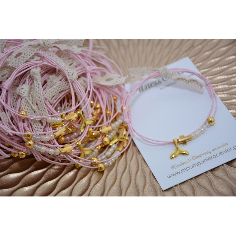 Μαρτυρικό βραχιόλι με ουρά γοργόνα, χάντρες, περαστό σταυρό χρυσό και δαντέλα