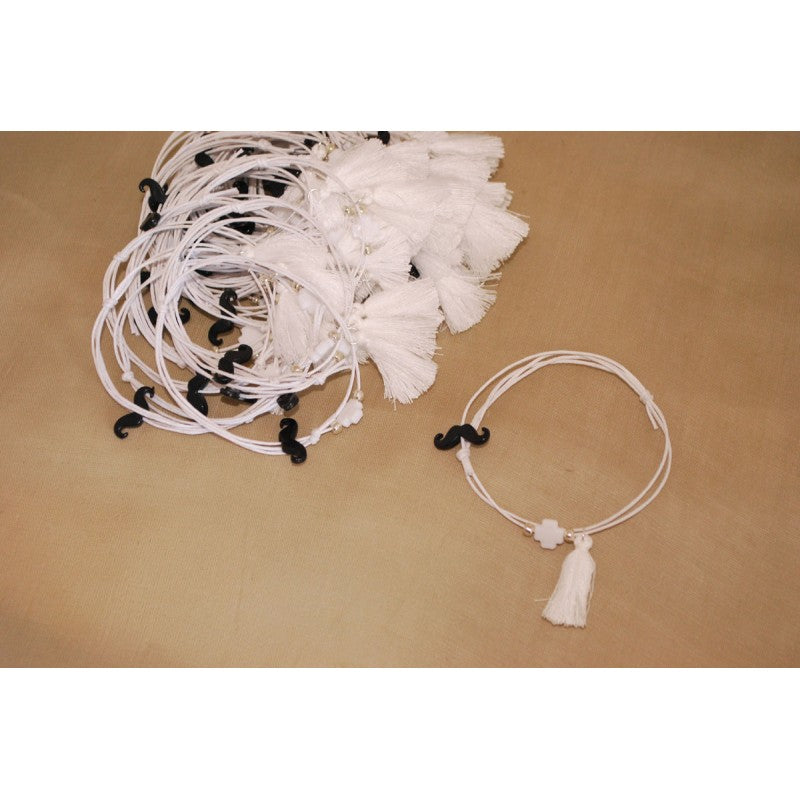 Μαρτυρικό βραχιόλι με μουστάκι σε μαύρο, λευκό σταυρό, λευκό κορδόνι & φούντα λευκή