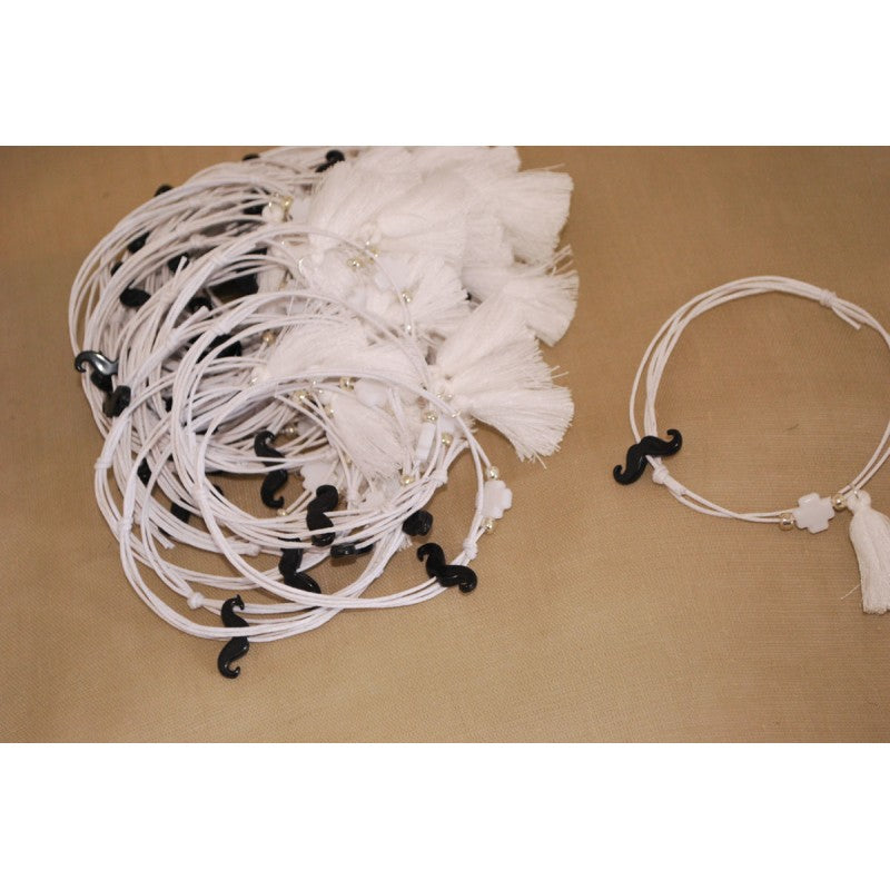 Μαρτυρικό βραχιόλι με μουστάκι σε μαύρο, λευκό σταυρό, λευκό κορδόνι & φούντα λευκή