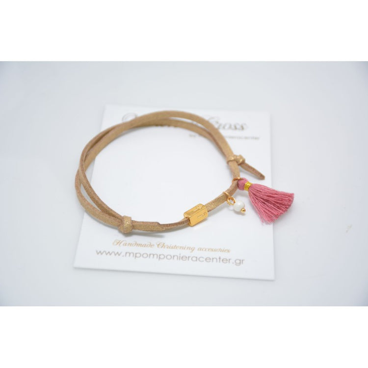 Μαρτυρικό βραχιόλι με ιδιαίτερο σουέντ κορδόνι , περαστό σταυρό και κούμπωμα, φουντίτσα και πέρλα