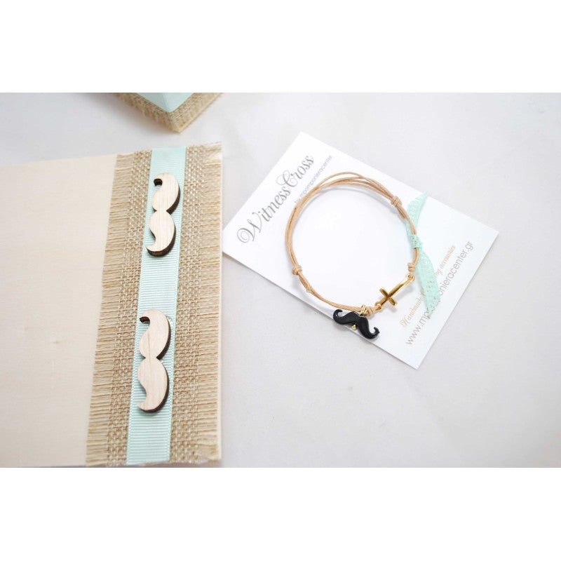 Μαρτυρικό βραχιόλι με μουστάκι σε μπεζ-βεραμάν, μουστάκι μαύρο με χρυσό σταυρό &amp; βεραμάν κορδέλα