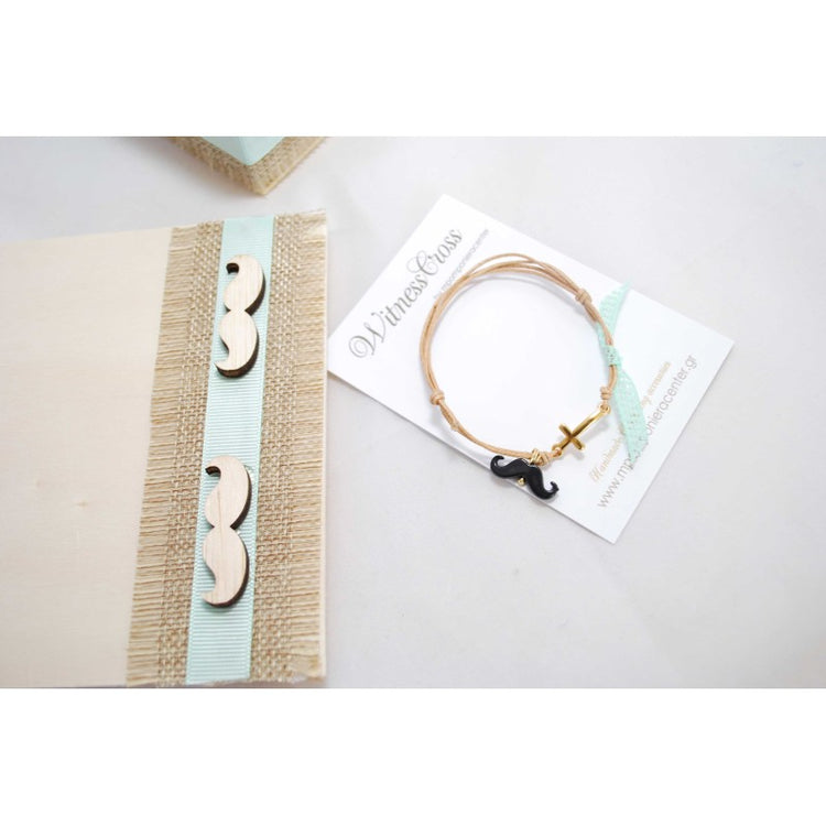 Μαρτυρικό βραχιόλι με μουστάκι σε μπεζ-βεραμάν, μουστάκι μαύρο με χρυσό σταυρό &amp; βεραμάν κορδέλα