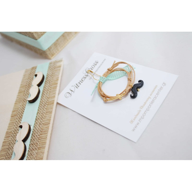 Μαρτυρικό βραχιόλι με μουστάκι σε μπεζ-βεραμάν, μουστάκι μαύρο με χρυσό σταυρό &amp; βεραμάν κορδέλα