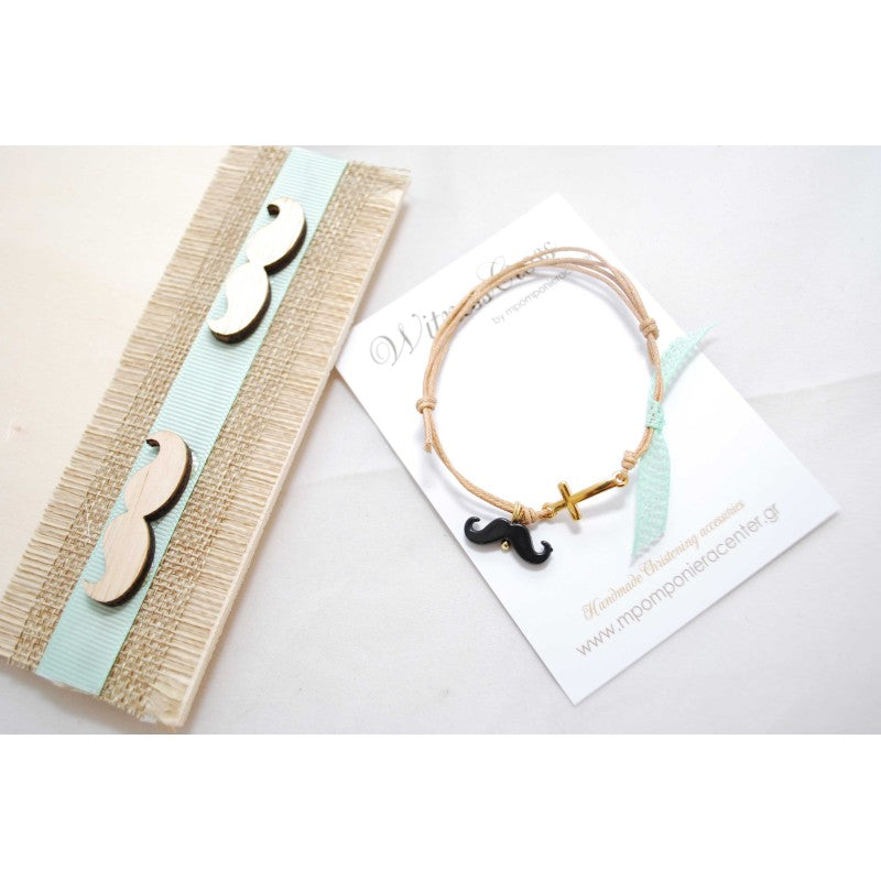 Μαρτυρικό βραχιόλι με μουστάκι σε μπεζ-βεραμάν, μουστάκι μαύρο με χρυσό σταυρό &amp; βεραμάν κορδέλα