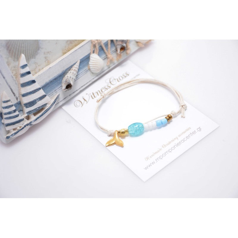 Μαρτυρικό βραχιόλι με ουρά γοργόνα, χάντρες, περαστό σταυρό χρυσό  & χάντρες σε σιέλ λευκό