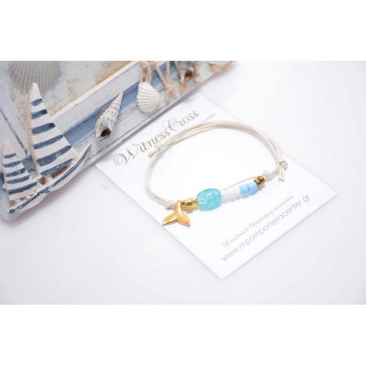 Μαρτυρικό βραχιόλι με ουρά γοργόνα, χάντρες, περαστό σταυρό χρυσό  & χάντρες σε σιέλ λευκό