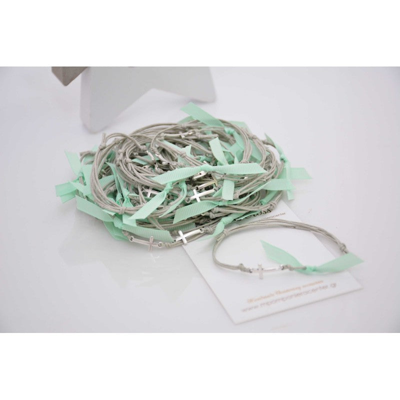 Μαρτυρικό βραχιόλι με ασημί σταυρό, γκρι κορδόνι και βεραμάν κορδέλα