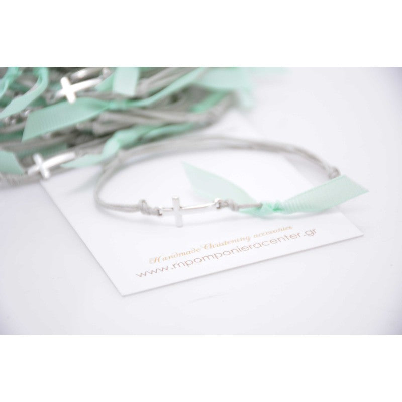 Μαρτυρικό βραχιόλι με ασημί σταυρό, γκρι κορδόνι και βεραμάν κορδέλα