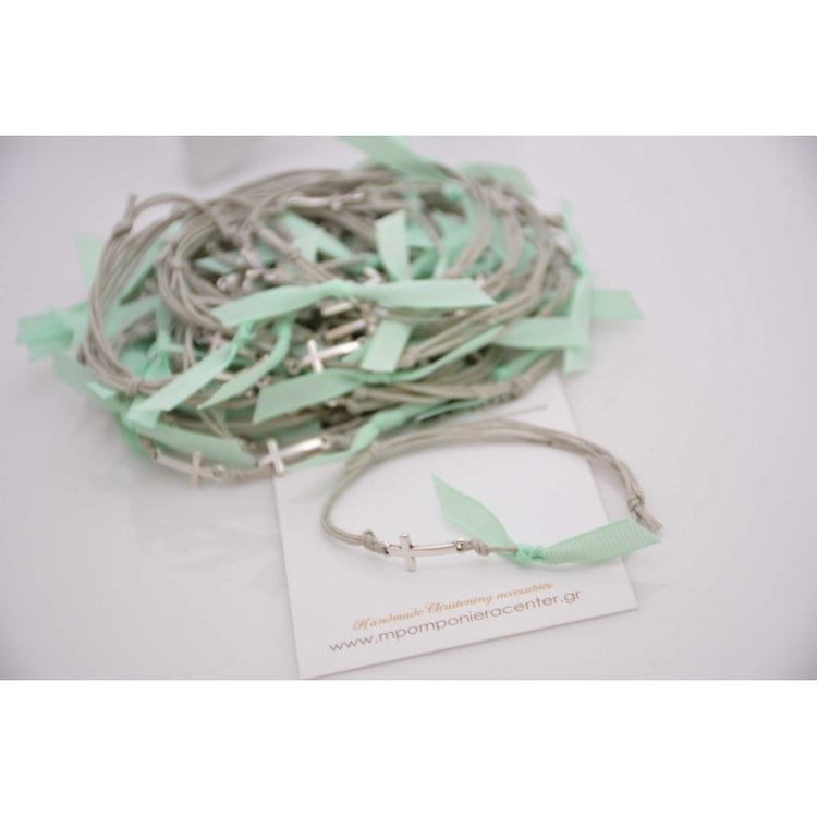 Μαρτυρικό βραχιόλι με ασημί σταυρό, γκρι κορδόνι και βεραμάν κορδέλα