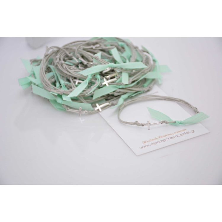 Μαρτυρικό βραχιόλι με ασημί σταυρό, γκρι κορδόνι και βεραμάν κορδέλα