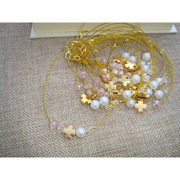 Μαρτυρικό βραχιόλι με σταυρό, ροζ χάντρα, πέρλα λευκή εξαιρετικής ποιότητας & αισθητικής