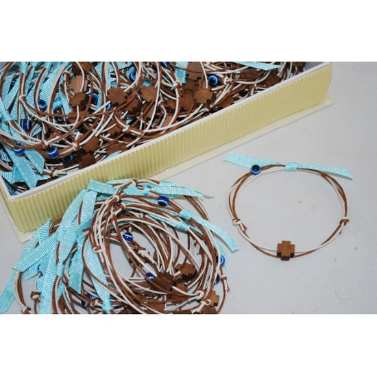 Μαρτυρικό βραχιόλι καφέ με σταυρό ξύλινο & ματάκι μπλε