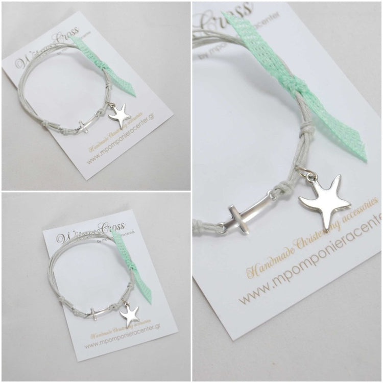 Μαρτυρικό βραχιόλι με αστερία σε γκρί κορδόνι και διακοσμητική κορδέλα βεραμάν